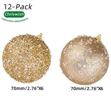 ChrisWish 2.76" Christmas Ball Ornaments,12pcs Gold Christmas Ball Decorations Shatterproof Plastic Hanging Pearl Balls for Holiday Party