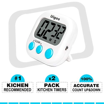 Uigos 2 Pack Digital Kitchen Timer II 2.0, Big Digits, Loud Alarm, Magnetic Backing, Stand, for Cooking Baking Sports Games Office (White) (2 Pack)