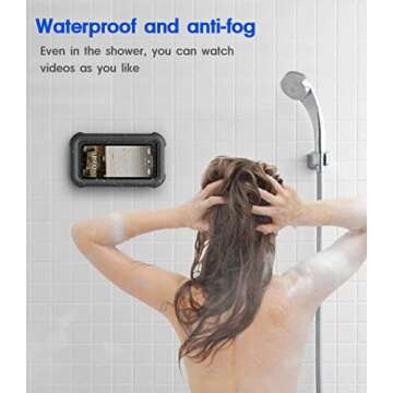 Waterproof Shower Phone Holder with 360° Rotation, Angle Adjustable, Wall Mounted Phone Holder for Bathroom Mirror Bathtub Kitchen, Up to 6.8 Inch (Black)