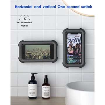 Waterproof Shower Phone Holder with 360° Rotation, Angle Adjustable, Wall Mounted Phone Holder for Bathroom Mirror Bathtub Kitchen, Up to 6.8 Inch (Black)