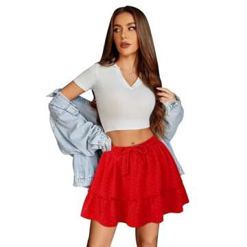 Vigorics Red Mini Skirt Linen Skirt High Waisted Skirts Ruffle Skirt Fall Skirt Short Skirts for Wom...