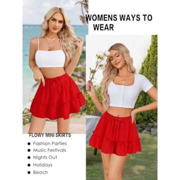 Vigorics Red Mini Skirt Linen Skirt High Waisted Skirts Ruffle Skirt Fall Skirt Short Skirts for Women Trendy Summer M