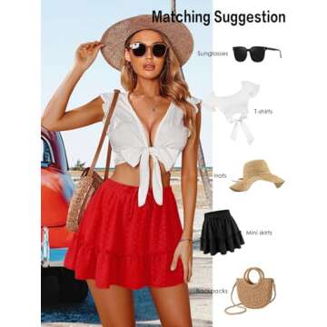 Vigorics Red Mini Skirt Linen Skirt High Waisted Skirts Ruffle Skirt Fall Skirt Short Skirts for Women Trendy Summer M