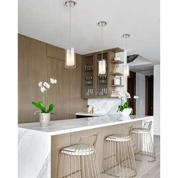 AKEZON 1-Light Pendant Light, Indoor Glass Hanging Light Fixture, Adjustable Height, Brushed Nickel ...