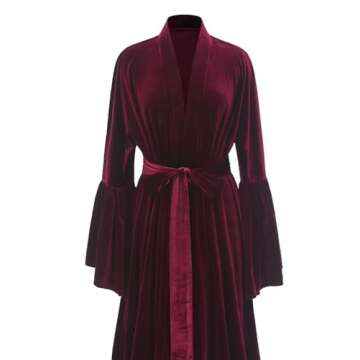 Women's Old Hollywood Velvet Bridal Robe Long Lingerie Bathgown Loose Nightgown Weding Scarf with Belt Teal S/M