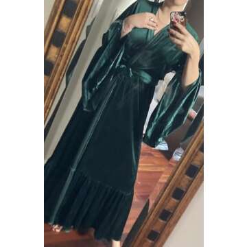 Women's Old Hollywood Velvet Bridal Robe Long Lingerie Bathgown Loose Nightgown Weding Scarf with Belt Teal S/M