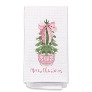 Chinoiserie Christmas Kitchen Towels, Coquette Pink Bow Procelain Christmas Tree Hand Towels for Bat...