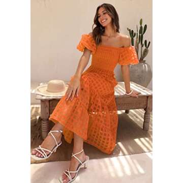 PRETTYGARDEN Women's Casual Summer Dress Puffy Short Sleeve Square Neck Smocked Tiered A Line Maxi L...