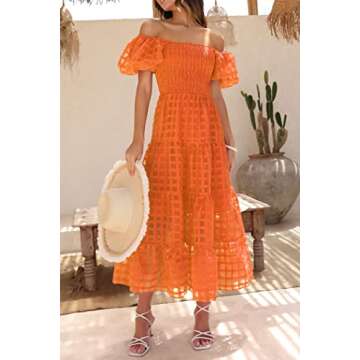 PRETTYGARDEN Women's Casual Summer Dress Puffy Short Sleeve Square Neck Smocked Tiered A Line Maxi Long Dresses (Plaid Orange,Large)