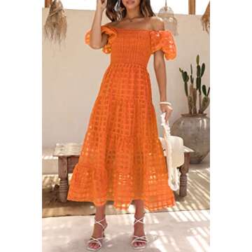 PRETTYGARDEN Women's Casual Summer Dress Puffy Short Sleeve Square Neck Smocked Tiered A Line Maxi Long Dresses (Plaid Orange,Large)