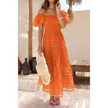 PRETTYGARDEN Women's Casual Summer Dress Puffy Short Sleeve Square Neck Smocked Tiered A Line Maxi Long Dresses (Plaid Orange,Large)