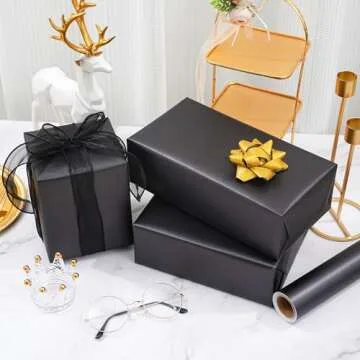 ZINTBIAL Matte Black Wrapping Paper Roll with Cut Lines - Solid Black Holiday Gift Wrap for Graduation, Christmas, Birthdays, Wedding, All Occasion - 17.5 in x 33 ft (48 sq. ft), Easy to Cut
