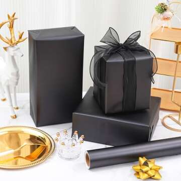 ZINTBIAL Matte Black Wrapping Paper Roll with Cut Lines - Solid Black Holiday Gift Wrap for Graduation, Christmas, Birthdays, Wedding, All Occasion - 17.5 in x 33 ft (48 sq. ft), Easy to Cut