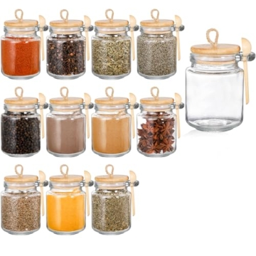 ZENFUN 12 Pack Glass Spice Jars with Bamboo Lid & Spoon, 8.5oz Clear Kitchen Seasoning Containers Dr...