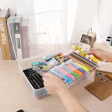 BTSKY 2-Tier Cute Bear Storage Box with Removable Divided Tray Portable Clear Plastic Art Craft Supp...