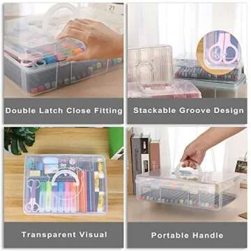 BTSKY 2-Tier Cute Bear Storage Box with Removable Divided Tray Portable Clear Plastic Art Craft Supply Organizer Stackable Home Office Supplies Storage Container for Pens Notes A4 Papers etc (Clear)