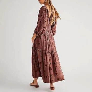 ABYOVRT Women Floral Embroidered Maxi Dress Long Puff Sleeve Square Neck Bohemian Flowy Dress with Pockets Smocked Fall Dress (Dark Brown,L)