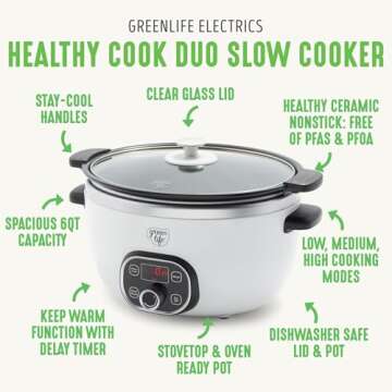 GreenLife 6 Quart Ceramic Slow Cooker, PFAS-Free, Programmable, Removable Healthy Nonstick Pot for large families, Sear on Stovetop, Keep Warm, Digital Timer, Dishwasher Safe Glass Lid & Crock, White