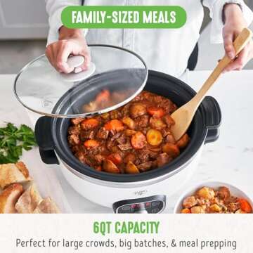 GreenLife 6 Quart Ceramic Slow Cooker, PFAS-Free, Programmable, Removable Healthy Nonstick Pot for large families, Sear on Stovetop, Keep Warm, Digital Timer, Dishwasher Safe Glass Lid & Crock, White