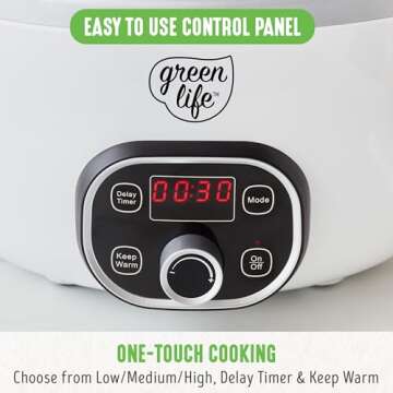 GreenLife 6 Quart Ceramic Slow Cooker, PFAS-Free, Programmable, Removable Healthy Nonstick Pot for large families, Sear on Stovetop, Keep Warm, Digital Timer, Dishwasher Safe Glass Lid & Crock, White