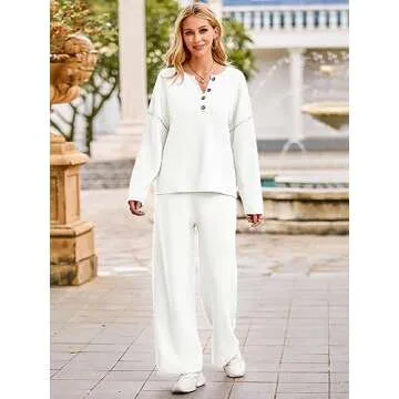 MEROKEETY Women's 2 Piece Outfit Sets Long Sleeve Button Knit Pullover Sweater and Pants Lounge Sets