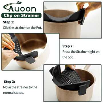 AUOON Clip On Strainer Silicone for All Pots and Pans, Pasta Strainer Clip on Food Strainer for Meat Vegetables Fruit Silicone Kitchen Colander (MilkShake)