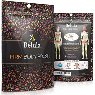 Belula 100% Vegan Dry Brushing Body Brush. Firm Dry Brush for Cellulite and Lymphatic. Brushes for Advanced Users. Exfoliating Skin Brush and Free Konjac Sponge, for a Softer, Glowing Skin