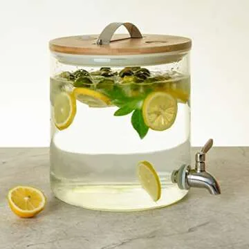 L'ÉPICÉA Drink Dispenser, Glass Drink Dispenser with Stand, Drink Dispenser for Parties, Beverage Dispenser with Stand, 304 Stainless Spigot, Wood Stand 1/2 Gallons Iced or Hot Beverage Dispenser