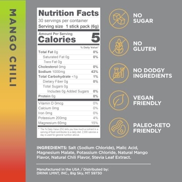LMNT Zero-Sugar Electrolytes Mango Chili Salt Drink Mix 30 Count
