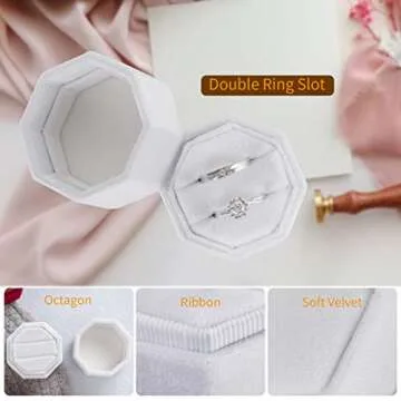 Smileshe Ring Box, Velvet Jewelry Boxes for Proposal Engagement Wedding Ceremony,Octagon Mini Double Ring Slot Bearer Case with Detachable Lid