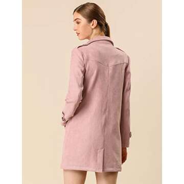 Allegra K Women's Faux Suede Trench Coat Notched Lapel Double Breasted Jacket with Belt Small Pink
