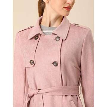 Allegra K Women's Faux Suede Trench Coat Notched Lapel Double Breasted Jacket with Belt Small Pink
