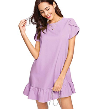 Verdusa Women's Round Neck Petal Short Sleeve Ruffle Hem Tunic Dress