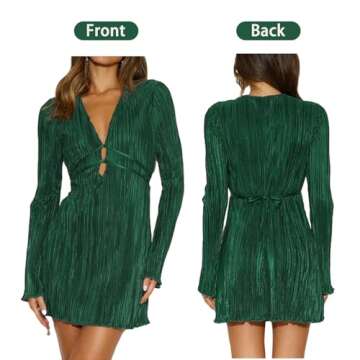 LUJENGEFA Women's V Neck Pleated Mini Dress Casual Flared Long Sleeve Plisse Tunic Dresses with Belt Party Club Dress Dark Green S