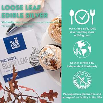 Slofoodgroup Silver Leaf Loose Sheet 25 Sheets Edible Silver Leaf each sheet of Silver Leaf 9.5 cm by 9.5 cm, Loose Leaf Silver