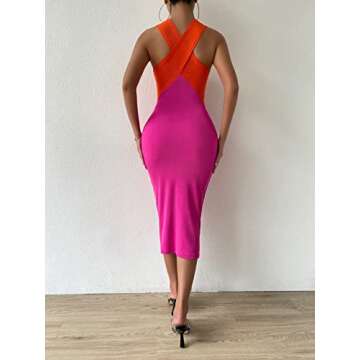 WDIRARA Women's Deep V Neck Cut Out Split Side Backless Midi Bodycon Halter Dress Orange Pink L
