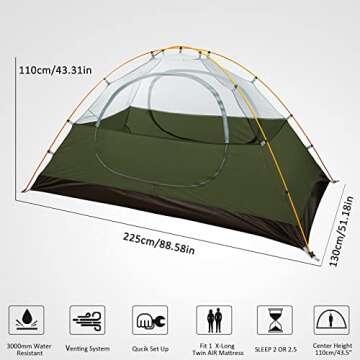 Bessport Camping Tent 2 Person Tent Waterproof Two Doors Backpacking Tent Easy Setup Lightweight for...