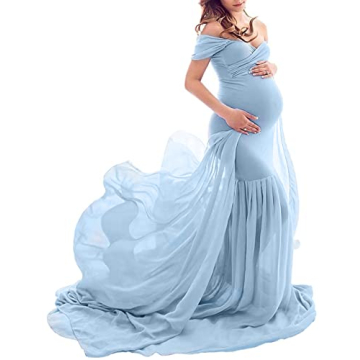 JustVH Maternity Off Shoulder Mermaid Chiffon Gown V Neck Maxi Photo Shoot Photography Dress for Bab...