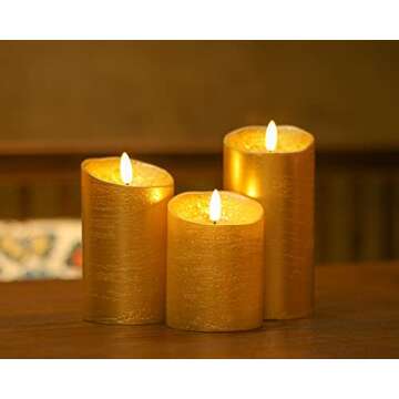 ANGELLOONG Flickering Flameless Candles with Timer, Battery Operated Candles with Remote, Set of 3 Real Wax Holiday LED Candles for Valentines Wedding Party Home Decor, Gold