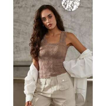 Women's Square Neck Seamless Wide Strap Crop Tank Tops,Slim Fit Flower Lettuce Trim Crop Cami Tops, Love Letter Cami 3 Piece