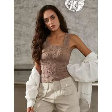 Women's Square Neck Seamless Wide Strap Crop Tank Tops,Slim Fit Flower Lettuce Trim Crop Cami Tops, Love Letter Cami 3 Piece