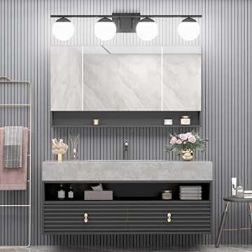 Ralbay Mid Century Black Vanity Lights Black 4-Light Milky Glass Globe Modern Bathroom Vanity Lights Over Mirror, Black Bathroom Wall Lights