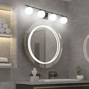 Ralbay Mid Century Black Vanity Lights Black 4-Light Milky Glass Globe Modern Bathroom Vanity Lights Over Mirror, Black Bathroom Wall Lights