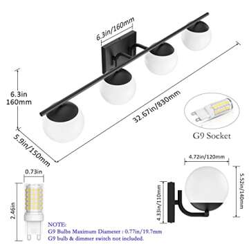 Ralbay Mid Century Black Vanity Lights Black 4-Light Milky Glass Globe Modern Bathroom Vanity Lights Over Mirror, Black Bathroom Wall Lights