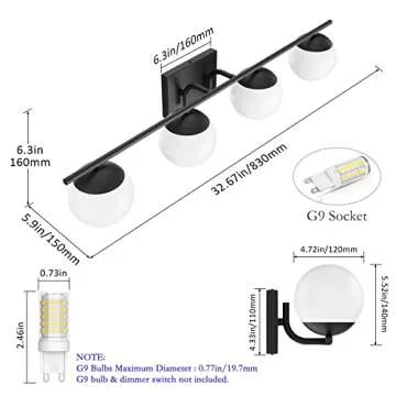 Ralbay Mid Century Black Vanity Lights Black 4-Light Milky Glass Globe Modern Bathroom Vanity Lights Over Mirror, Black Bathroom Wall Lights