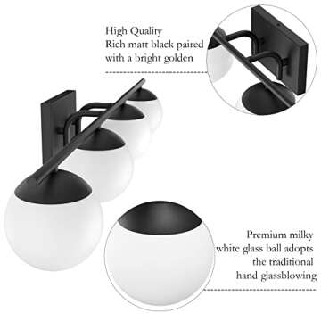 Ralbay Mid Century Black Vanity Lights Black 4-Light Milky Glass Globe Modern Bathroom Vanity Lights Over Mirror, Black Bathroom Wall Lights