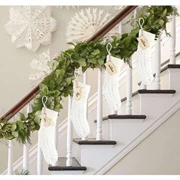 ABSOFINE Christmas stockings, 18 Inches 4PCS White Knit Farmhouse Christmas Stockings with Blank Wooden Card, Large Boho Christmas Decorations Hanging Stockings for Family, Fireplace