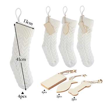 ABSOFINE Christmas stockings, 18 Inches 4PCS White Knit Farmhouse Christmas Stockings with Blank Wooden Card, Large Boho Christmas Decorations Hanging Stockings for Family, Fireplace