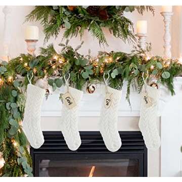 ABSOFINE Christmas stockings, 18 Inches 4PCS White Knit Farmhouse Christmas Stockings with Blank Wooden Card, Large Boho Christmas Decorations Hanging Stockings for Family, Fireplace