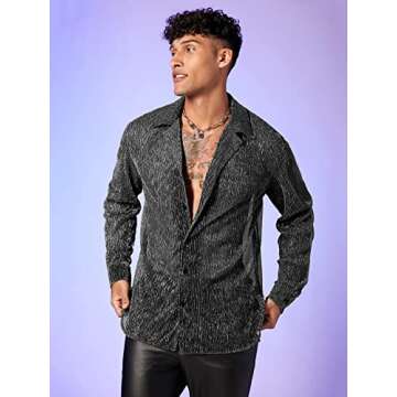 WDIRARA Men's Sheer Mesh See Through Glitter Button Front Long Sleeve Shirt Tops